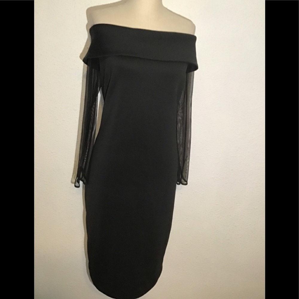 Calvin Klein black off shoulder fold over sheer sleeve sheath dress - Picture 2 of 8